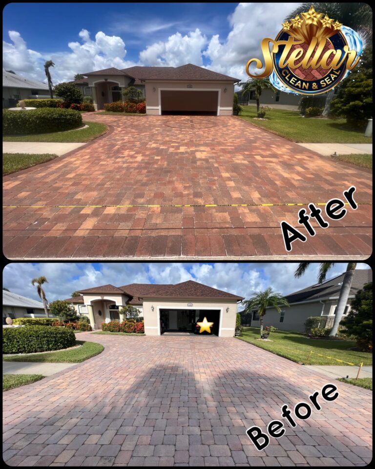 Before and after photos of paver sealer and pressure washing services on paver driveway from Stellar Paver Sealing in Merritt Island