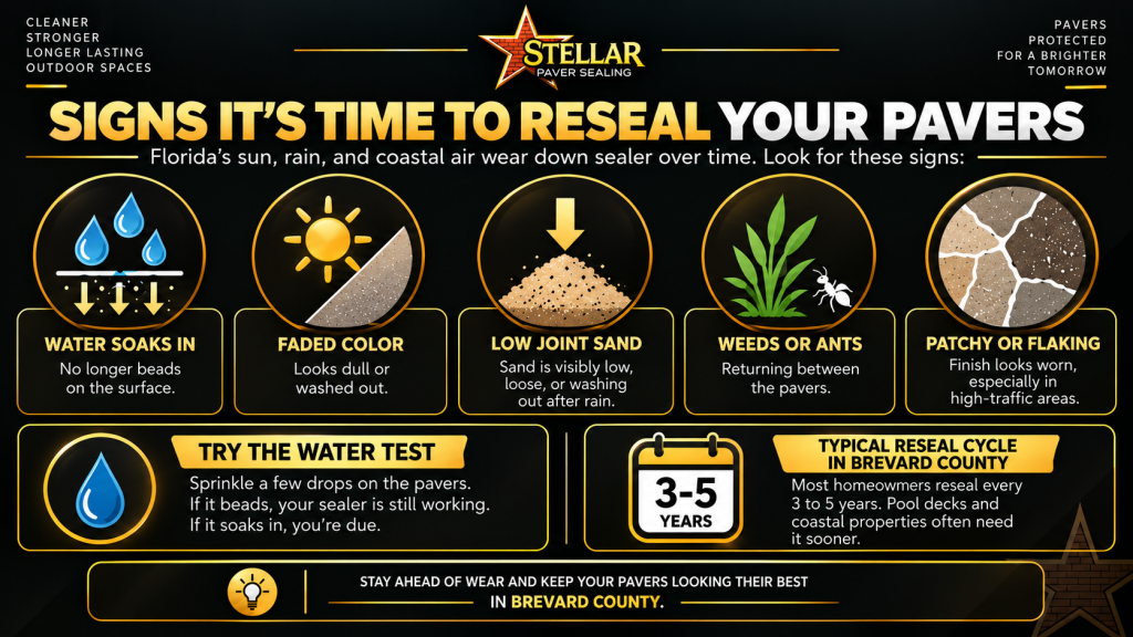 Infographic showing signs Brevard County pavers need resealing, including water soaking in, faded color, low joint sand, weeds or ants, and patchy or flaking sealer.