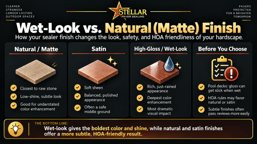 Infographic comparing natural matte, satin, and wet-look paver sealer finishes, including appearance, slip considerations, and HOA preferences.
