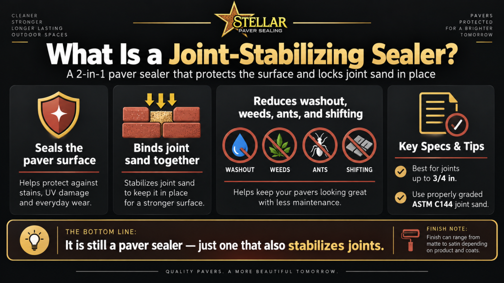 Infographic explaining how joint-stabilizing paver sealer protects paver surfaces, binds joint sand, and reduces washout, weeds, ants, and shifting.
