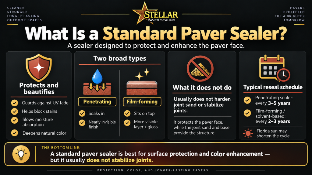 Infographic explaining standard paver sealer benefits, penetrating vs. film-forming sealers, joint stabilization limits, and typical resealing timelines.